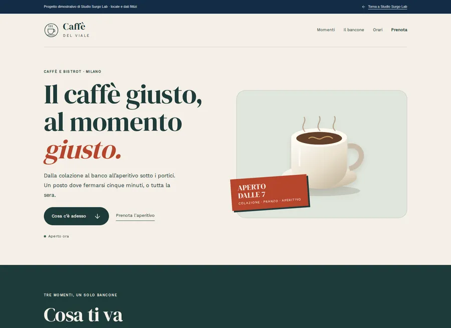 Schermata reale desktop del progetto dimostrativo Caffè del Viale