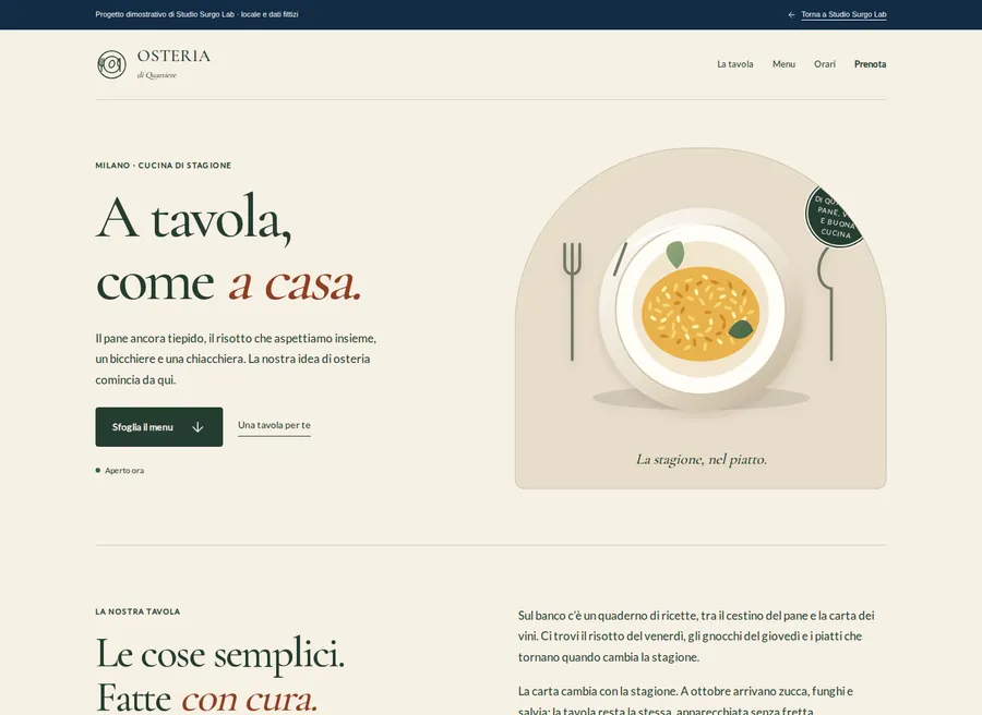 Schermata reale desktop del progetto dimostrativo Osteria di Quartiere